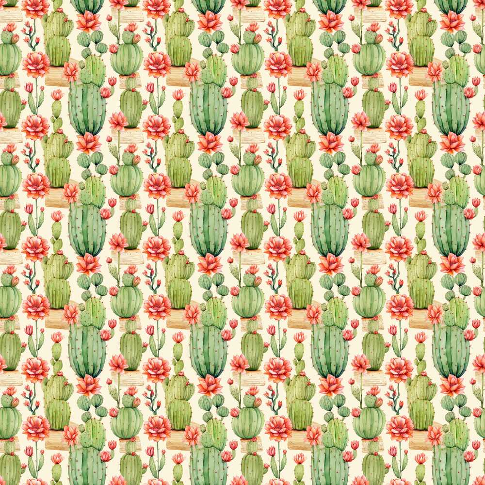 Blooming Desert Cactus with Orange Flowers Wildflower Pattern Botanical