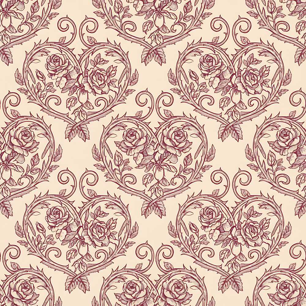 Vintage Rose Heart Scroll Ornamental Wildflower Pattern Botanical