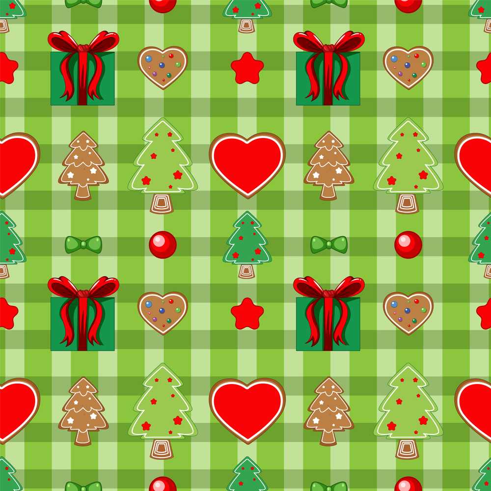 Cute Christmas Trees Hearts Gifts Green Plaid Festive