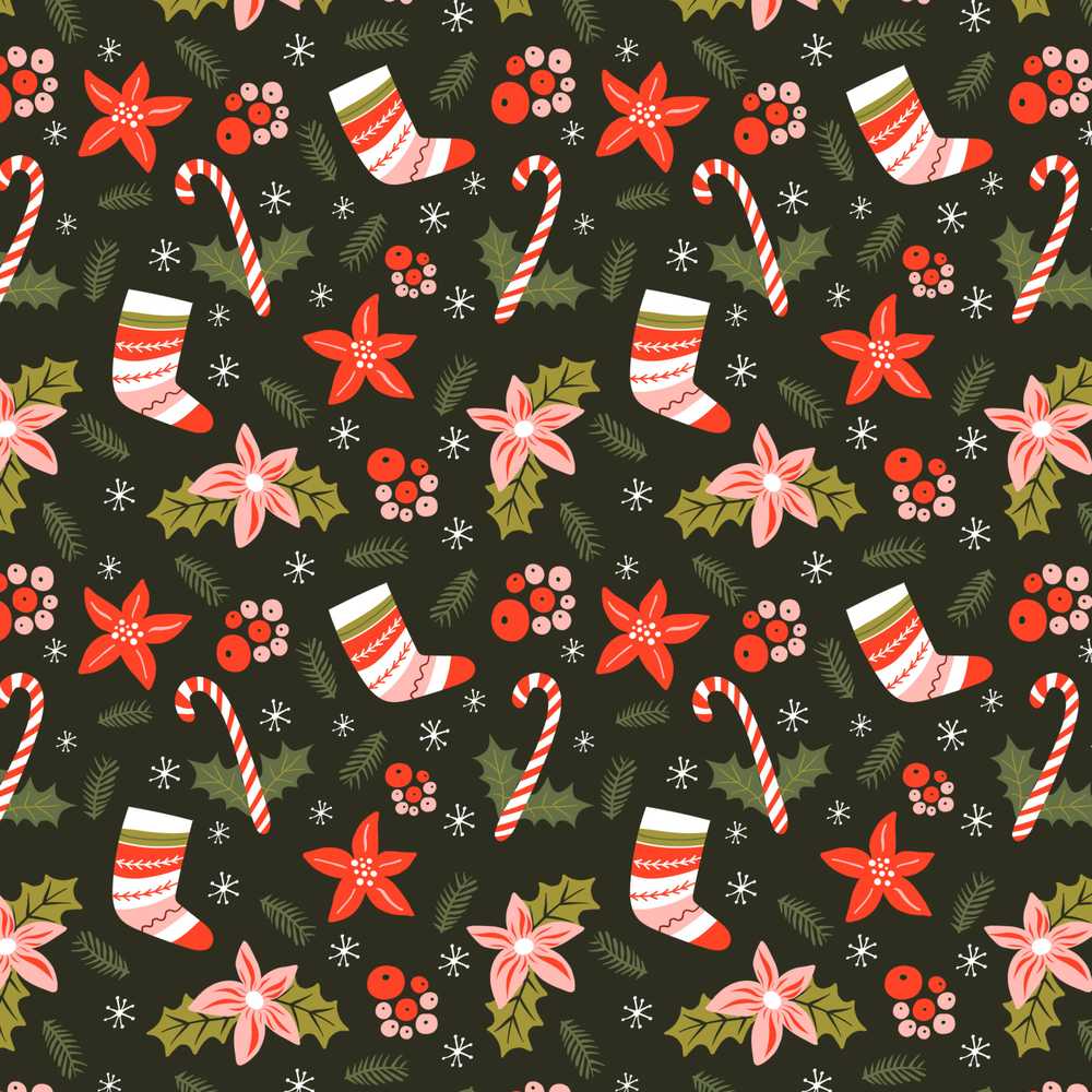 Cute Christmas Stockings Candy Canes Holly Floral Wildflower Pattern