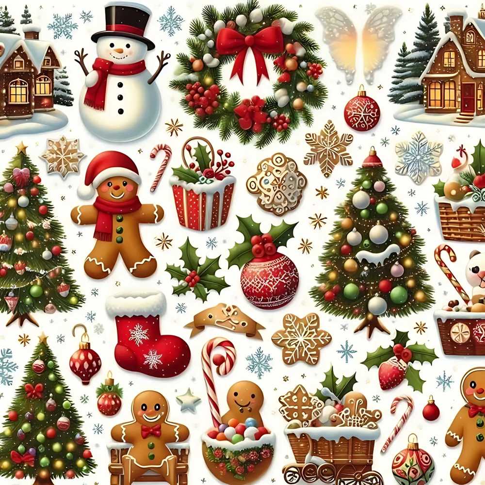 Vintage Christmas Snowman Wreath Gingerbread Tree Festive Holiday