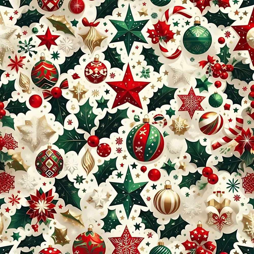 Festive Christmas Stars Ornaments Holly Leaves Wildflower Pattern Botanical