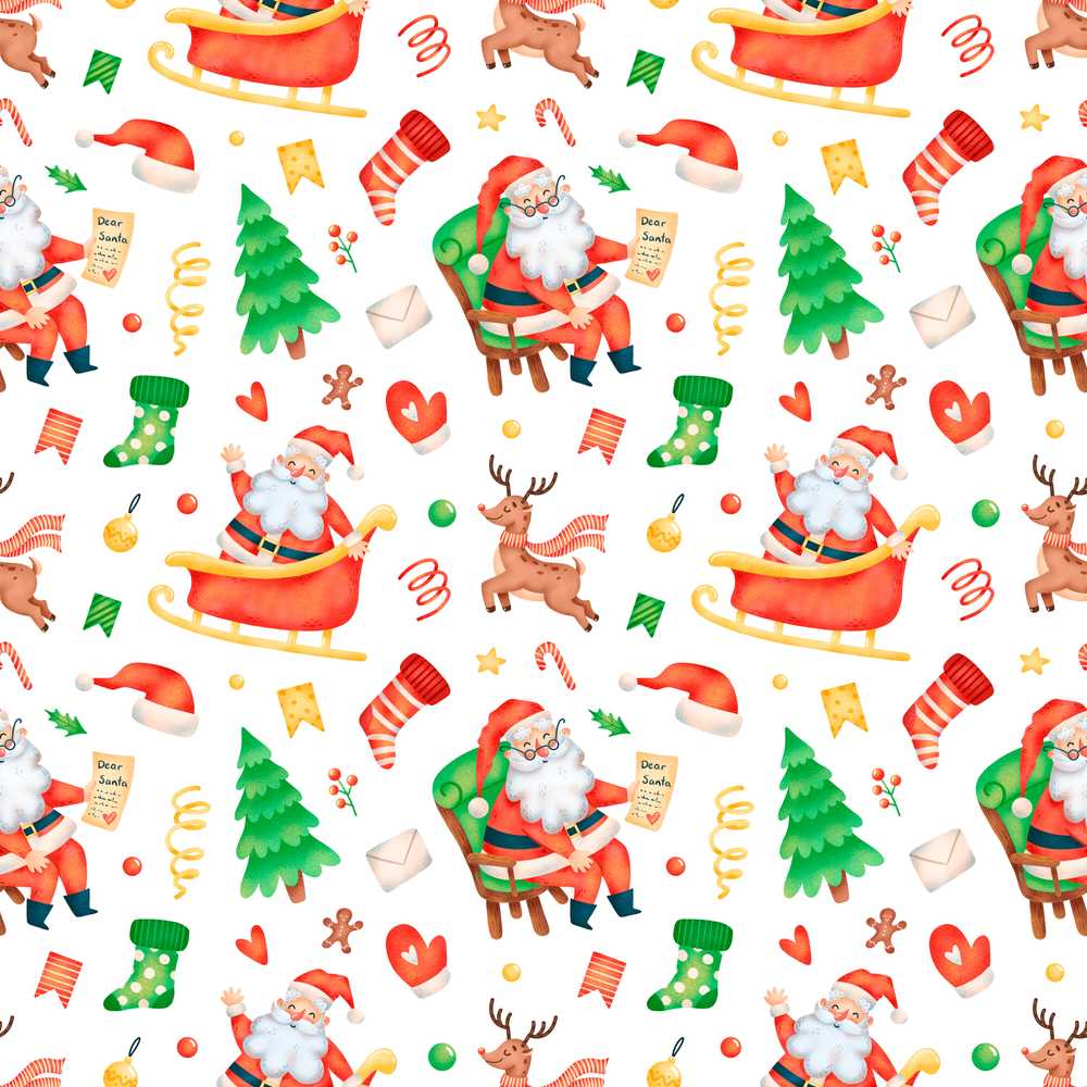 Watercolor Santa Sleigh Reindeer Christmas Festive Holiday Seasonal