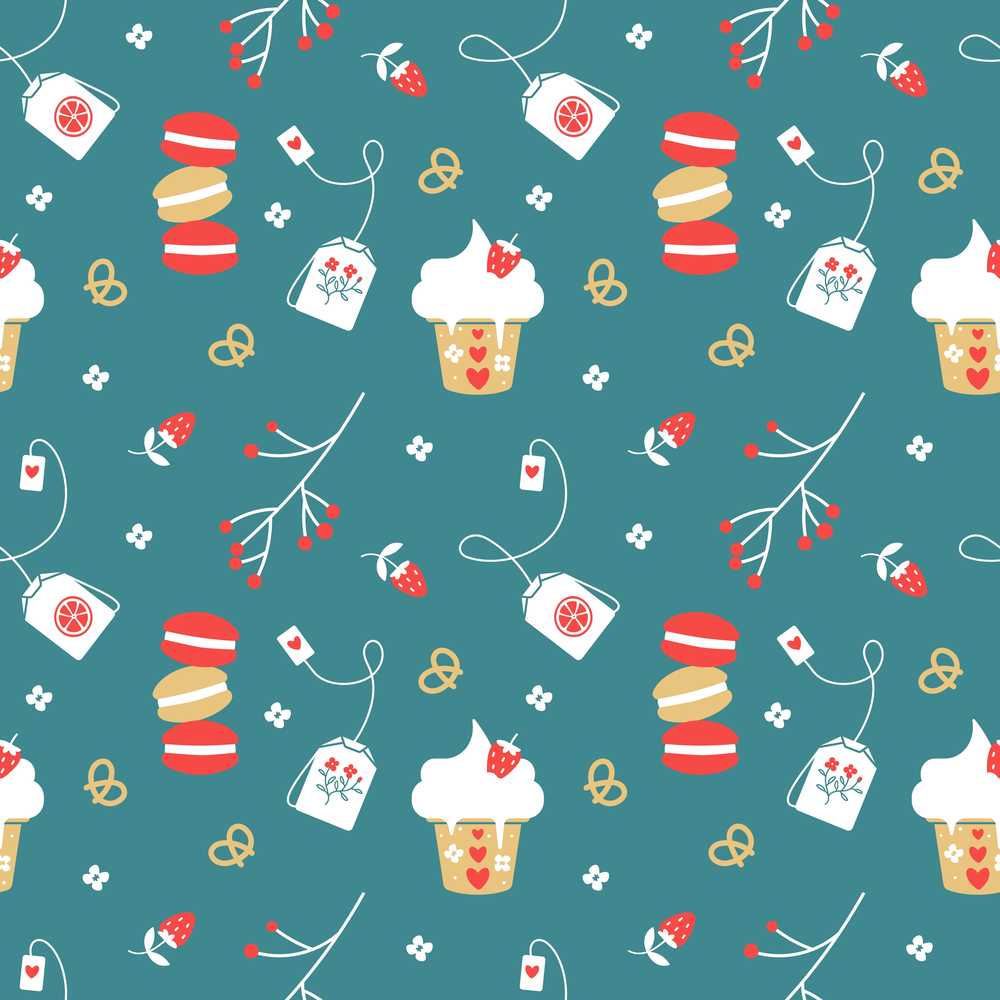 Cute Tea Dessert Strawberry Macaron Illustration Repeat Pattern