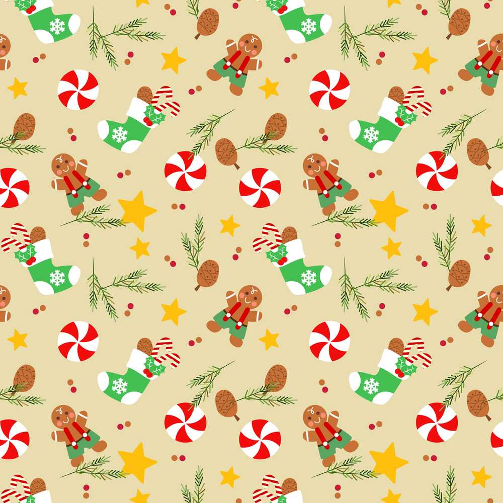 Cute Gingerbread Cookie Candy Stocking Illustration Repeat Pattern