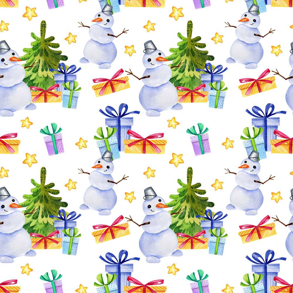 Watercolor Snowman Christmas Tree Gift Box Star Festive