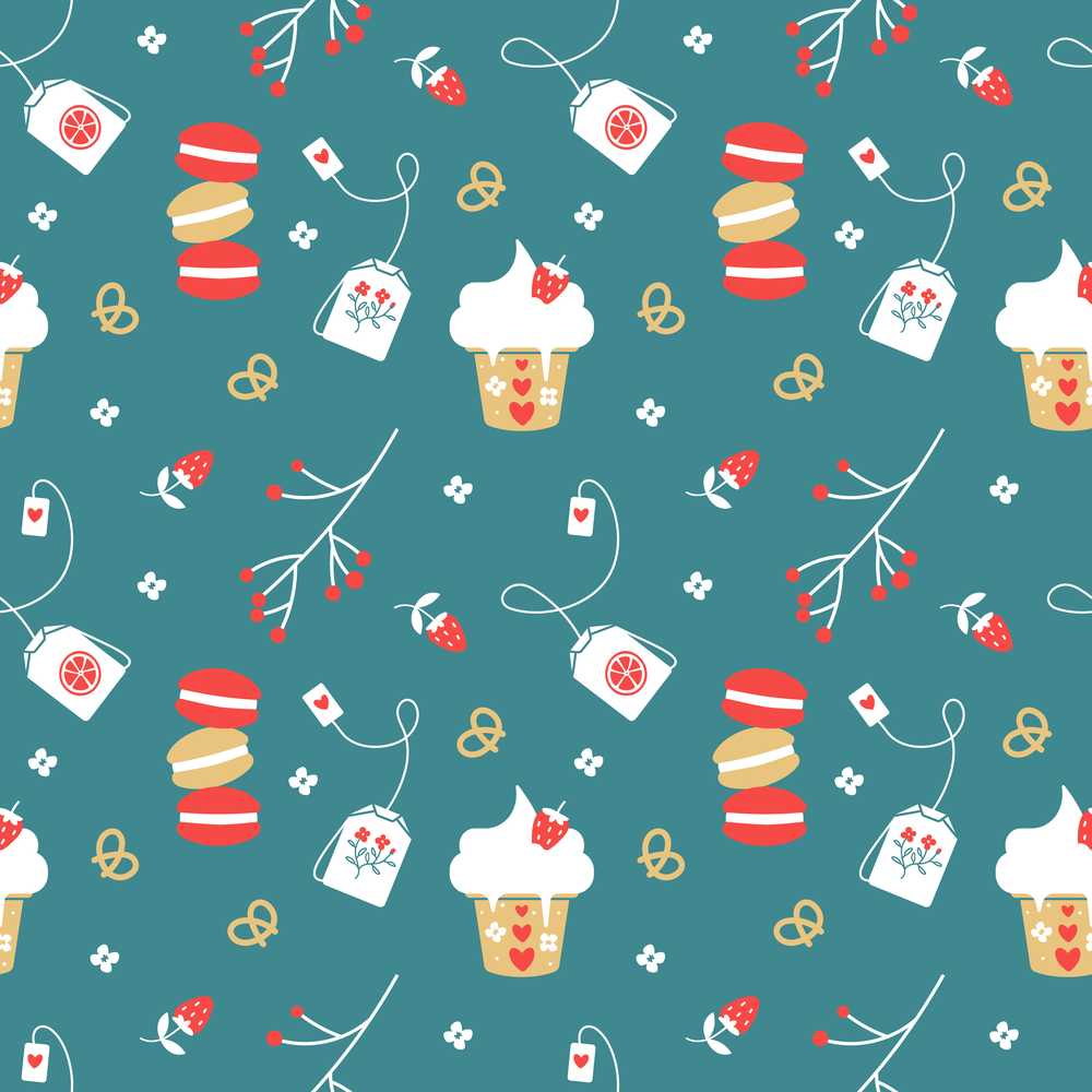Cute Macaron Cupcake Tea Bag Strawberry Illustration Repeat