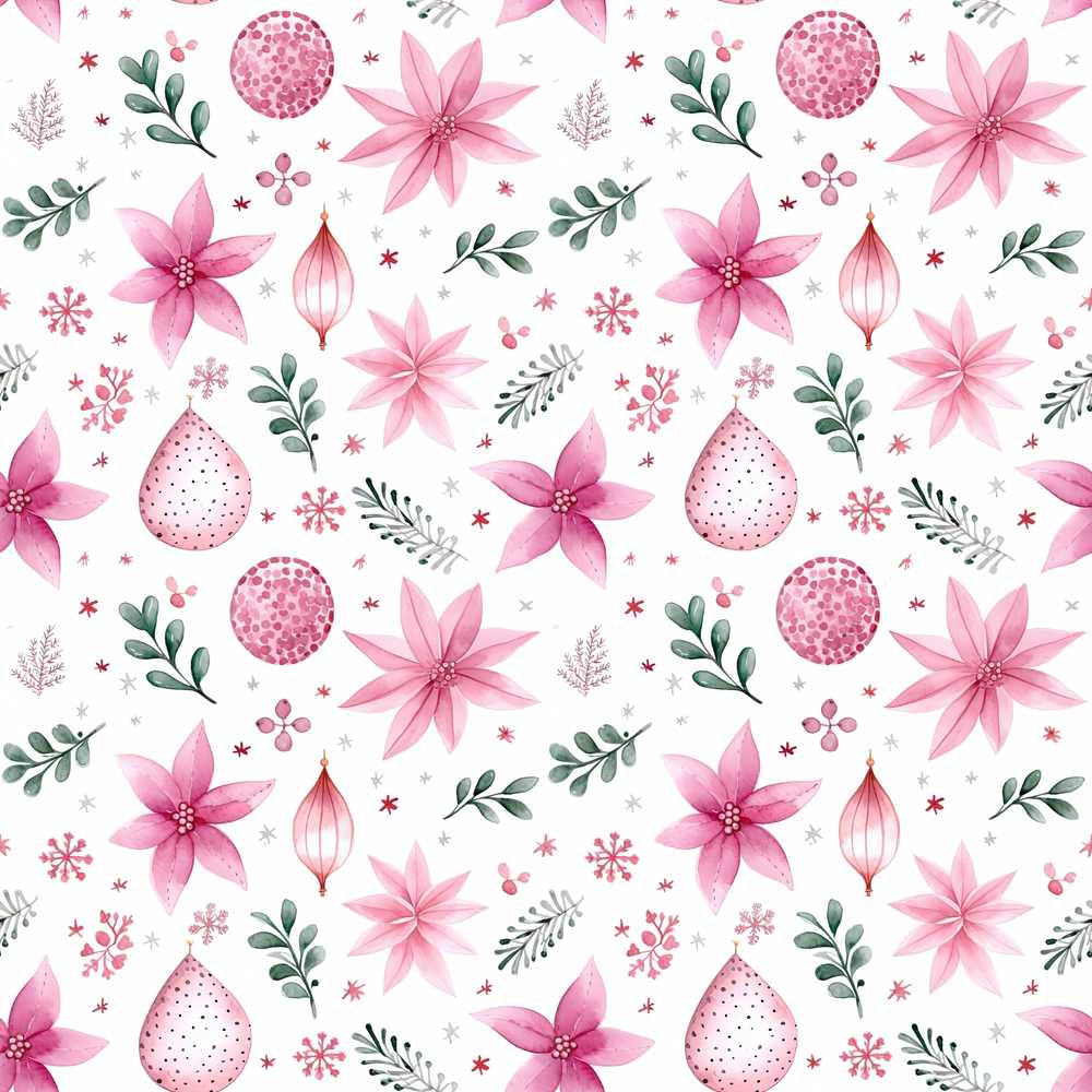 Watercolor Pink Poinsettia Leaves Christmas Wildflower Pattern Botanical