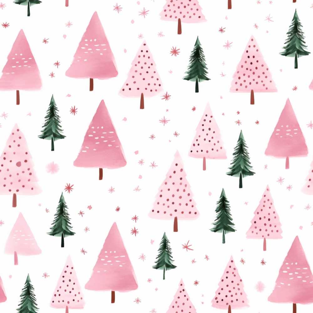 Watercolor Pink Green Christmas Trees Festive Holiday Seasonal