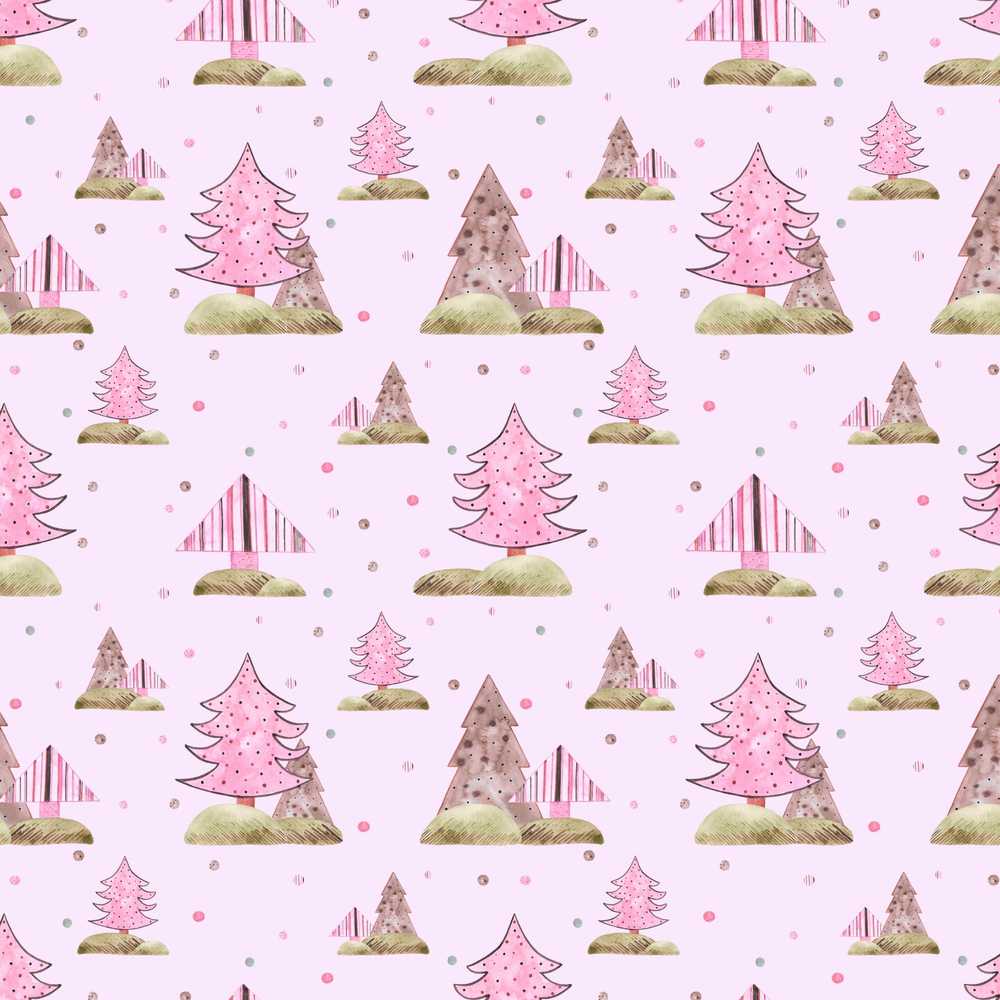 Hand Drawn Pink Winter Forest Trees Decorative Repeat