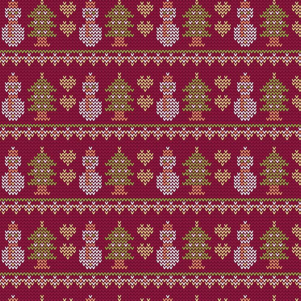 Cute Snowman Christmas Tree Knit Burgundy Green White Festive Seamless