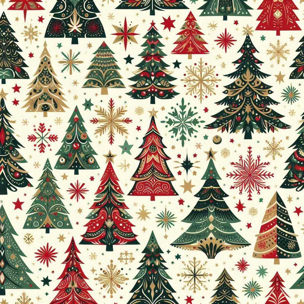 Ornate Christmas Trees Snowflakes Stars Vintage Holiday Festive