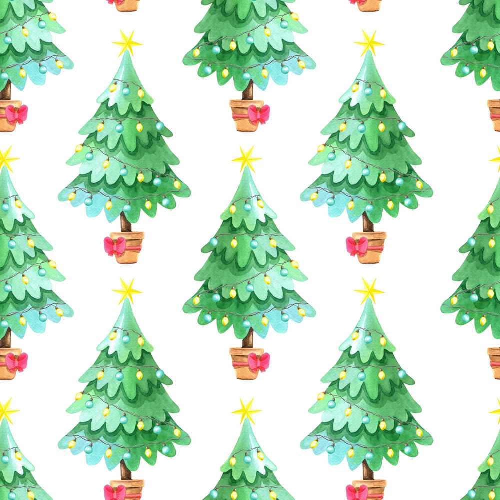 Watercolor Christmas Trees with Lights in Pots Cute Holiday