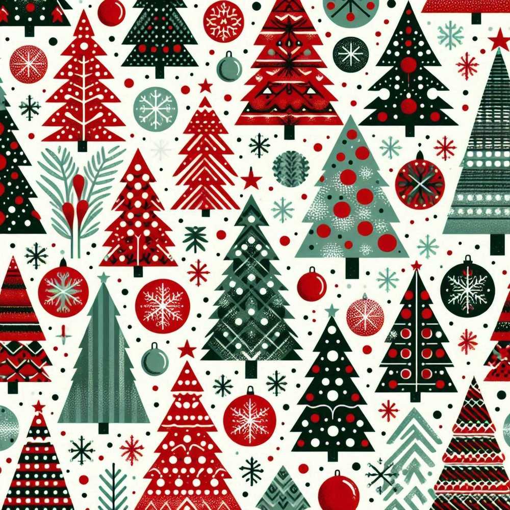 Festive Christmas Trees Red Green Baubles Snowflakes Holiday