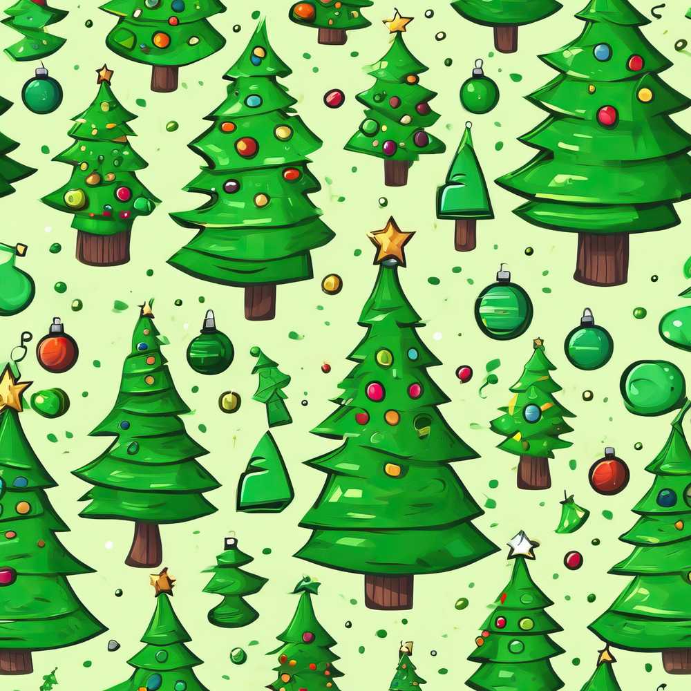 Cartoon Christmas Trees Green Ornaments Cute Holiday Festive