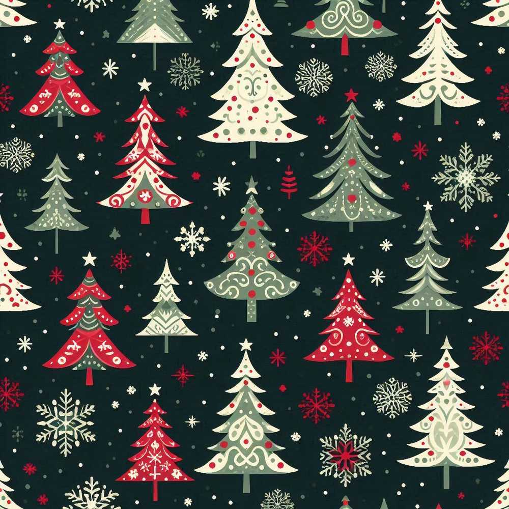 Nordic Christmas Trees Red White Green Snowflakes Festive