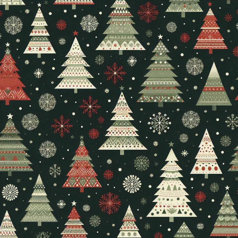 Scandi Christmas Trees Snowflakes Red Green Dark Background