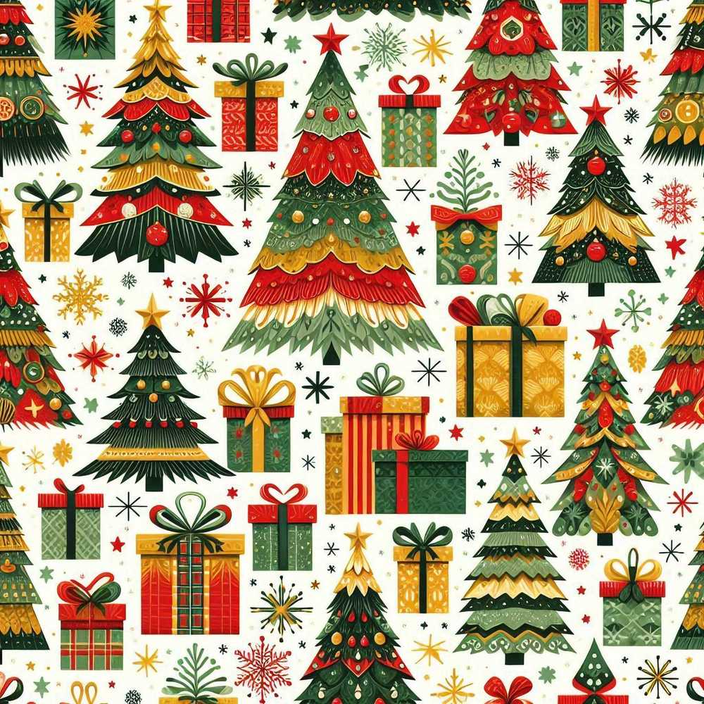 Festive Christmas Trees Gifts Presents Red Green Holiday
