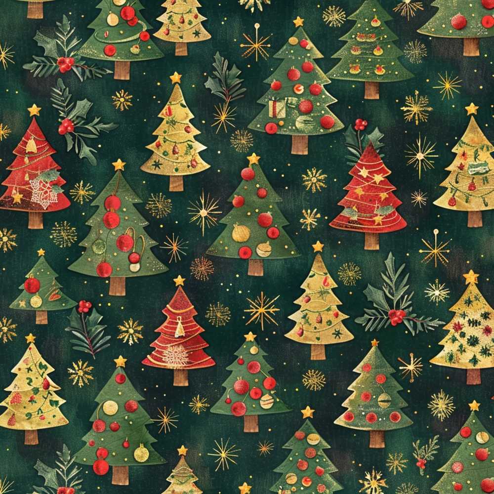 Vintage Christmas Trees Dark Green Gold Stars Holiday