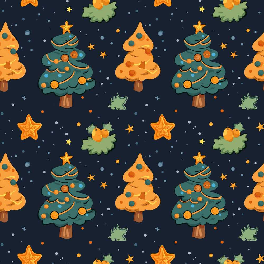 Cute Cartoon Christmas Trees Stars Navy Night Festive