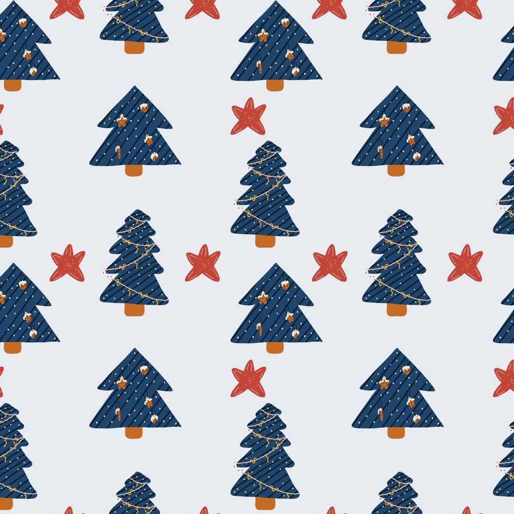 Navy Blue Christmas Trees Red Stars Festive Holiday