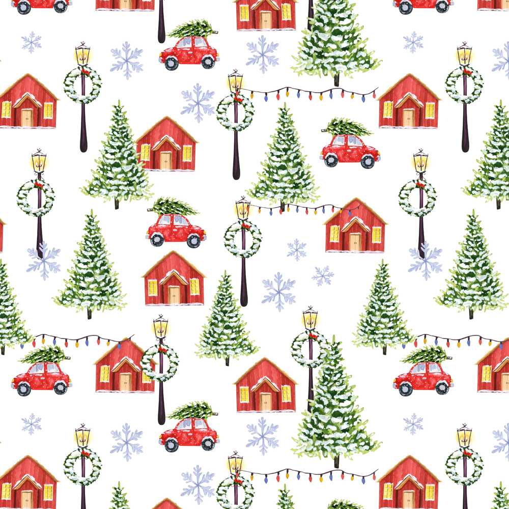 Watercolor Winter Village Houses Trees Cars Snow Decorative