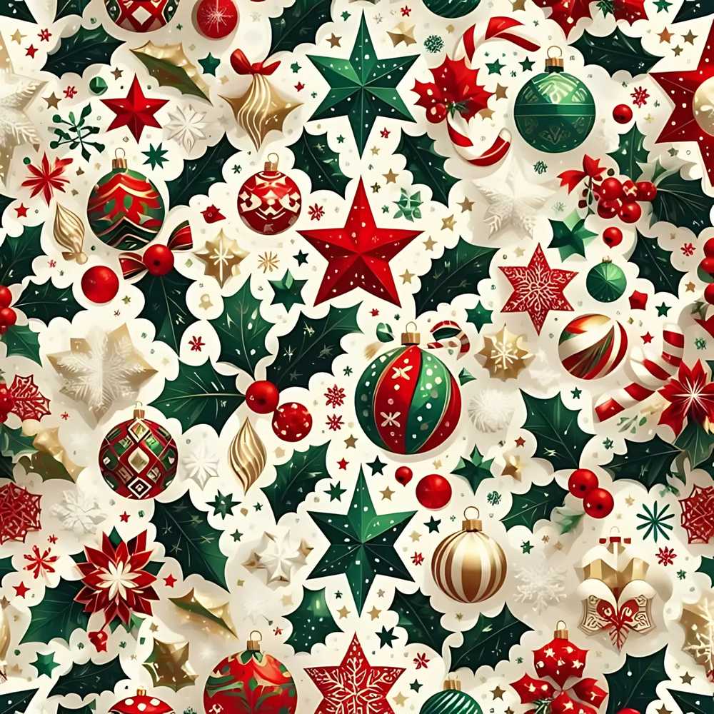 Festive Christmas Stars Ornaments Holly Leaves Wildflower Pattern Botanical