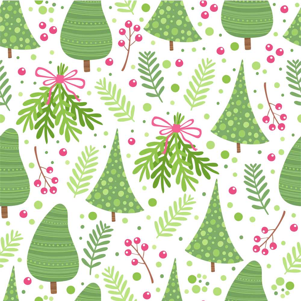 Simple Green Christmas Trees Leaves Berries Wildflower Pattern Botanical
