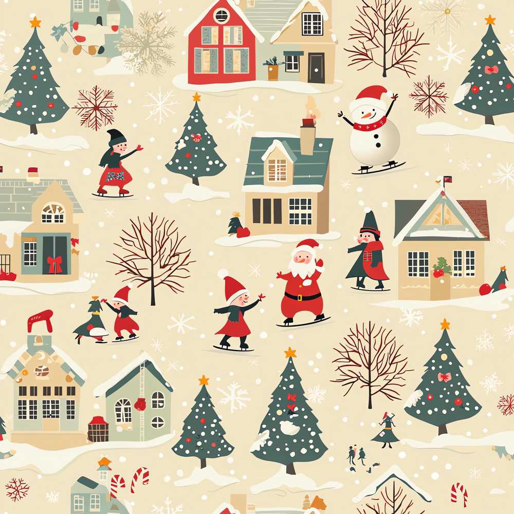Vintage Christmas Village Snowman Santa Ice Skating Festive Winter Scene