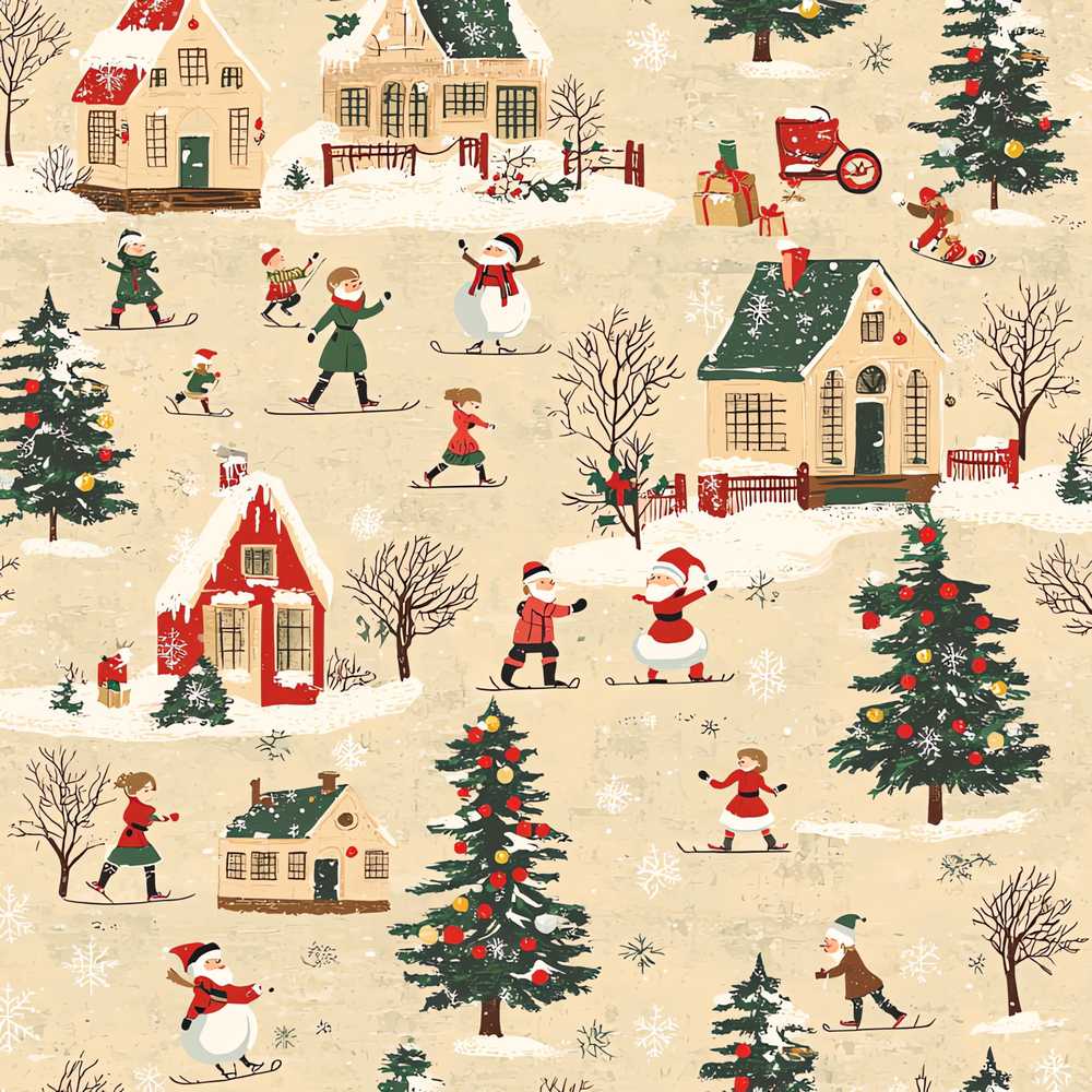 Vintage Winter Village Ice Skating Christmas Scene Festive