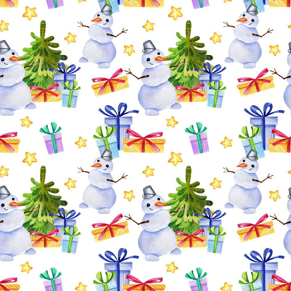 Cute Watercolor Snowman Christmas Tree Gifts Stars Festive