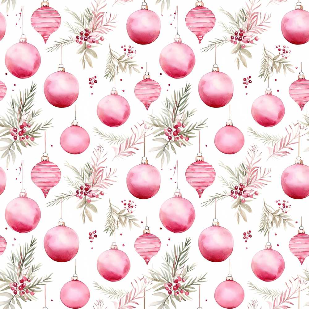 Watercolor Pink Christmas Baubles Pine Leaves Wildflower Pattern Botanical