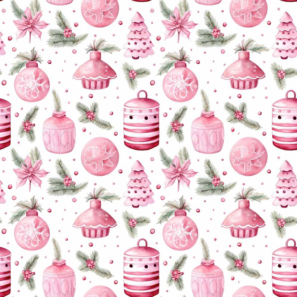 Watercolor Pink Christmas Ornaments Pine Berries Festive Holiday