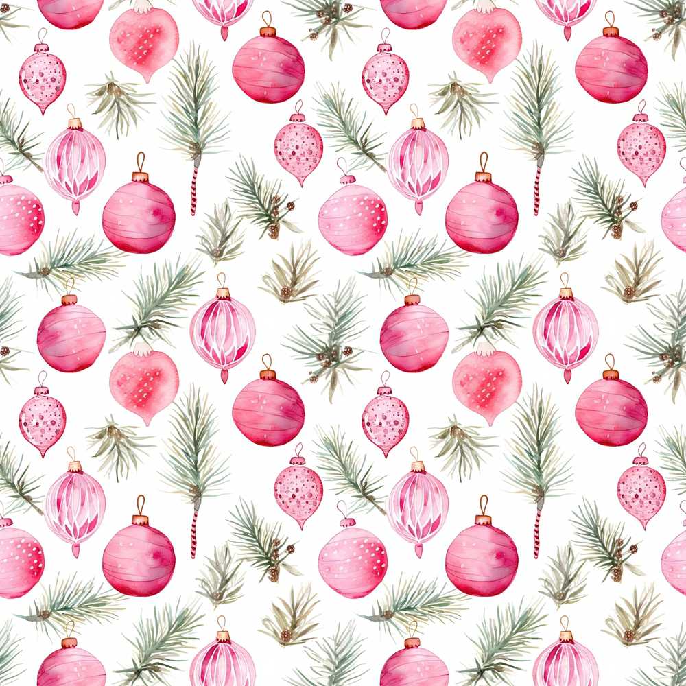Watercolor Pink Christmas Ornaments Pine Branch Festive Holiday