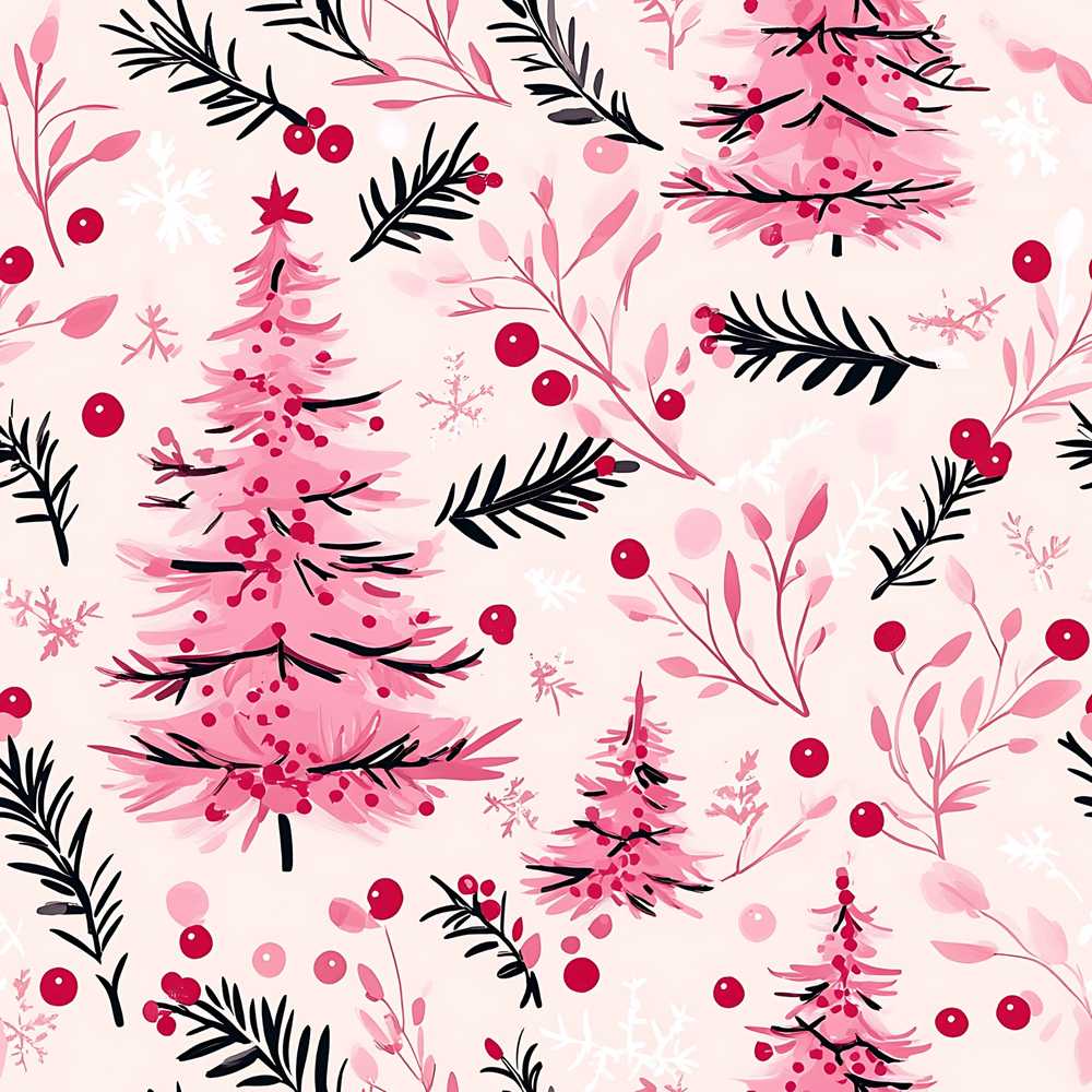 Watercolor Pink Christmas Trees Berries Branches Festive Holiday
