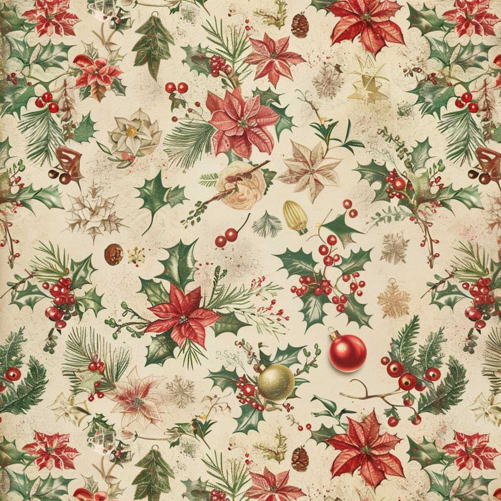 Festive Poinsettia Holly Berry Vintage Christmas Holiday Seasonal