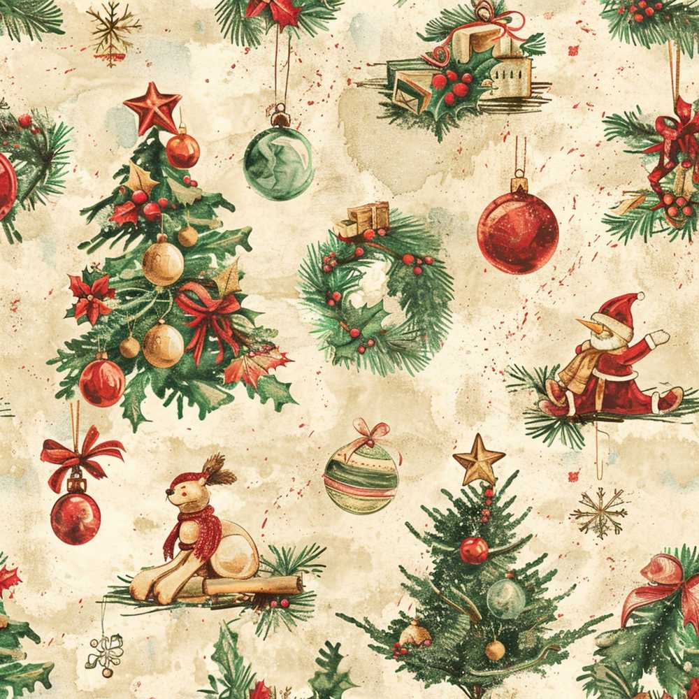 Vintage Christmas Tree Wreath Bauble Watercolor Festive Holiday