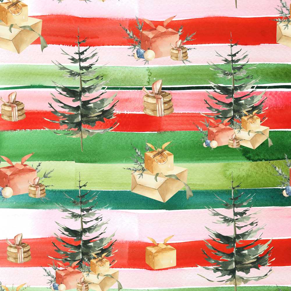 Watercolor Christmas Gift Boxes Pine Trees Striped Holiday