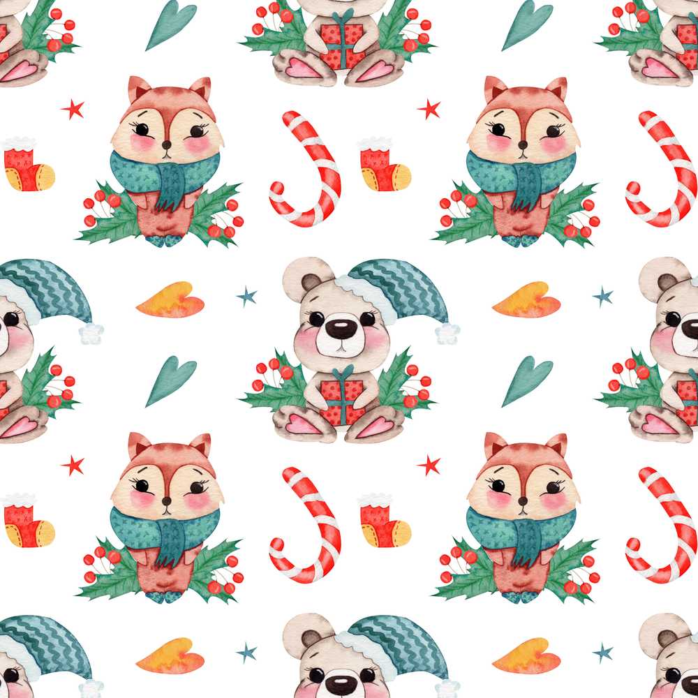 Cute Woodland Fox Bear Candy Cane Winter Christmas