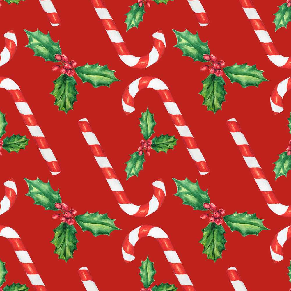 Festive Candy Cane Holly Berry Red Background Holiday