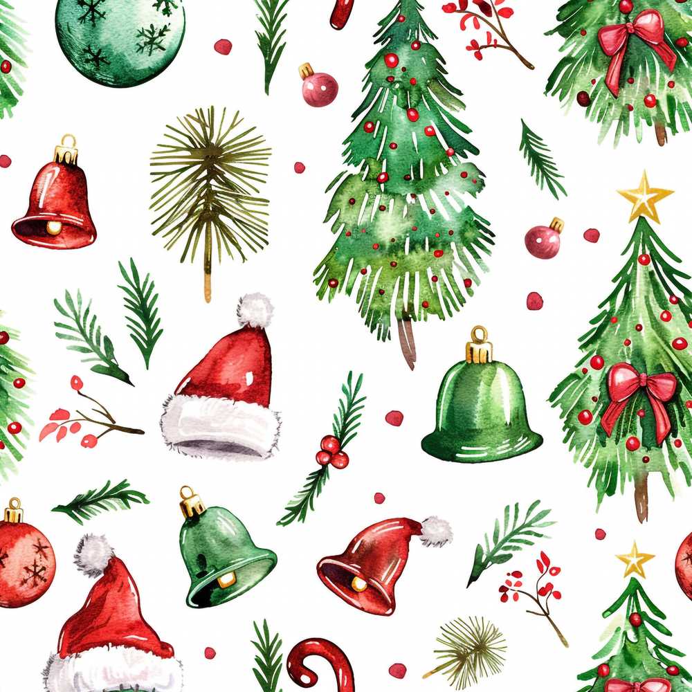Watercolor Christmas Tree Bell Santa Hat Holiday Festive