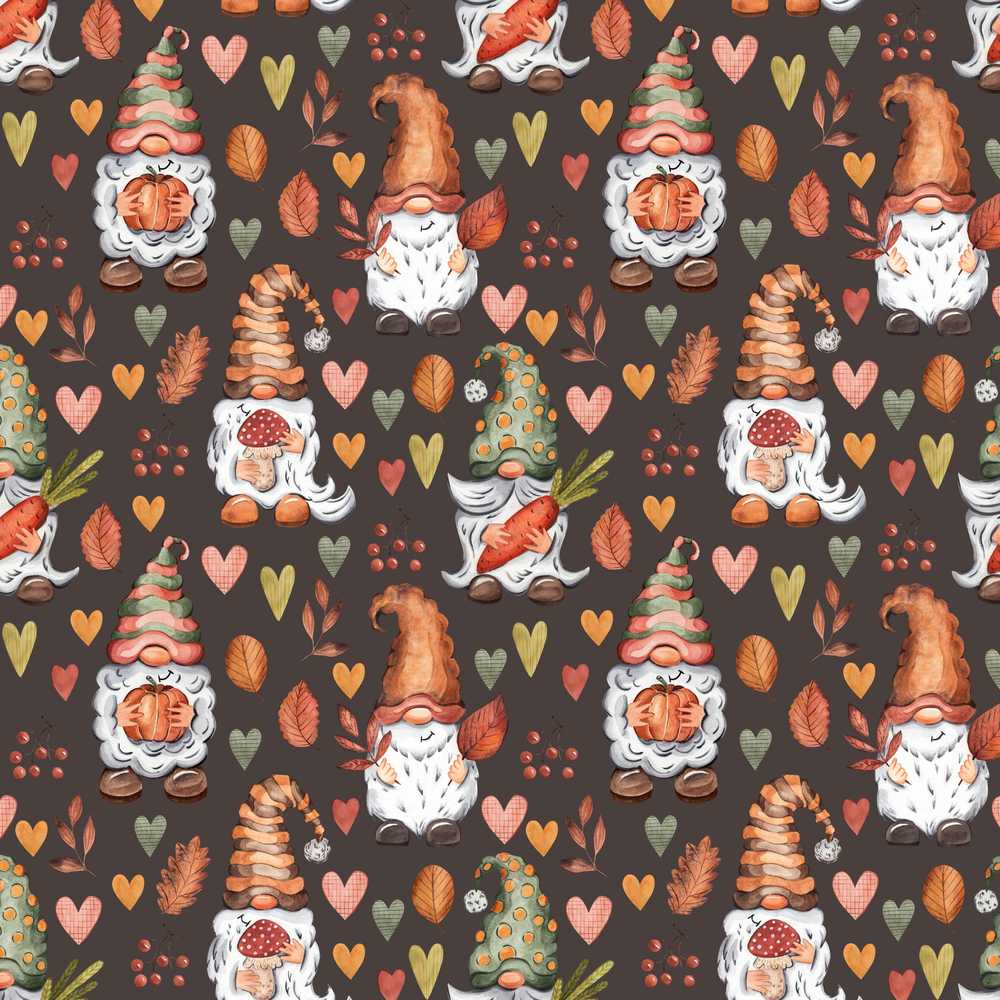 Cute Autumn Gnome Pumpkin Mushroom Leaf Heart Wildflower Pattern