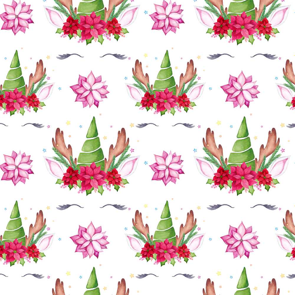 Cute Unicorn Christmas Poinsettia Floral Fantasy Wildflower Pattern Botanical