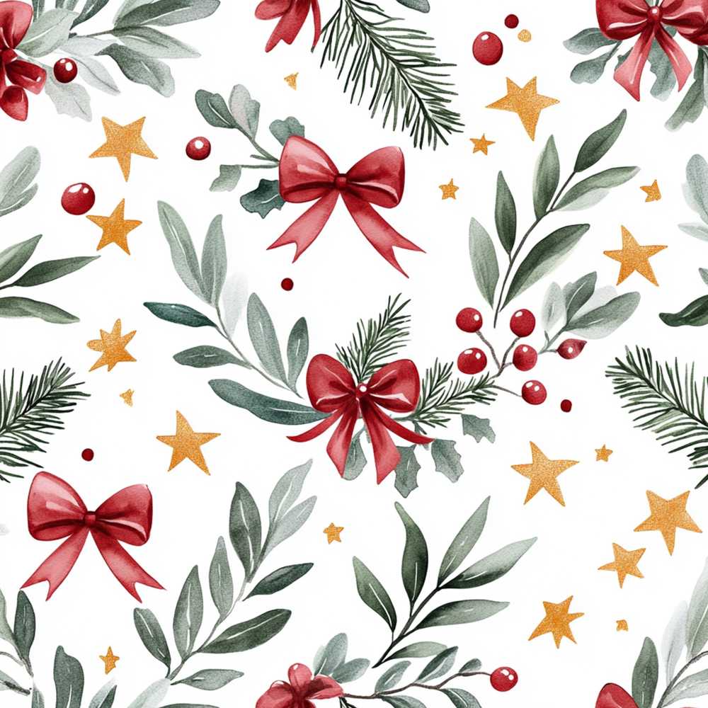 Watercolor Red Bow Gold Star Leaf Berry Holiday Wildflower