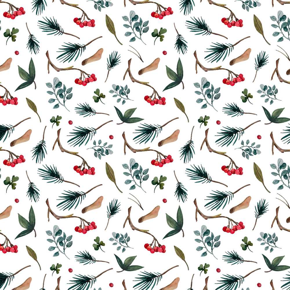 Watercolor Winter Branch Pine Leaf Berry Natural Wildflower Pattern