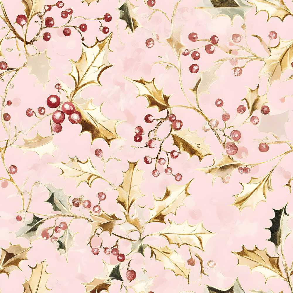 Elegant Gold Holly Berry Pink Background Festive Holiday