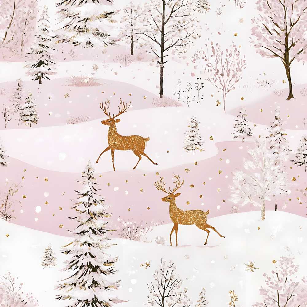 Winter Deer Snow Forest Pink Landscape Decorative Repeat