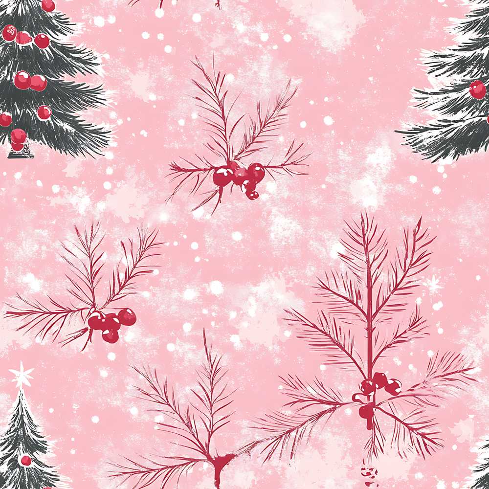Winter Berry Pine Branch Snow Decorative Repeat Pattern
