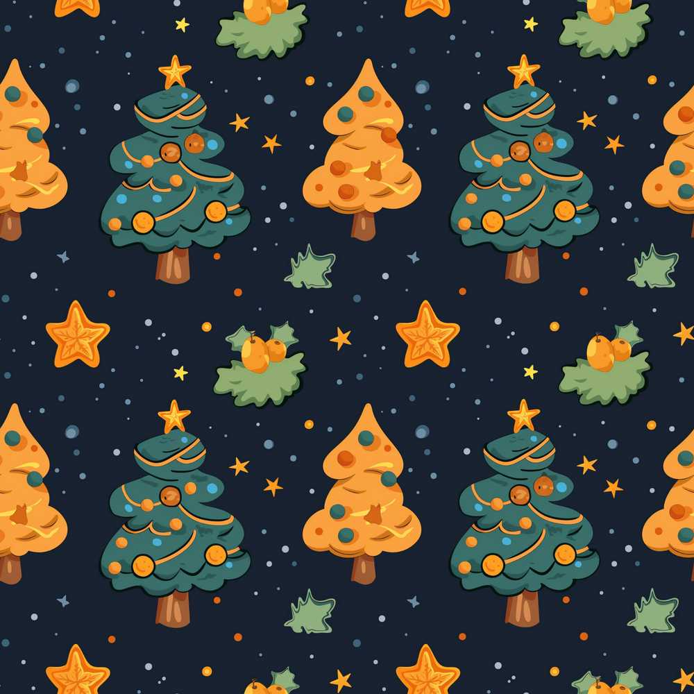 Christmas Trees with Stars and Holly Night Festive Illustration
