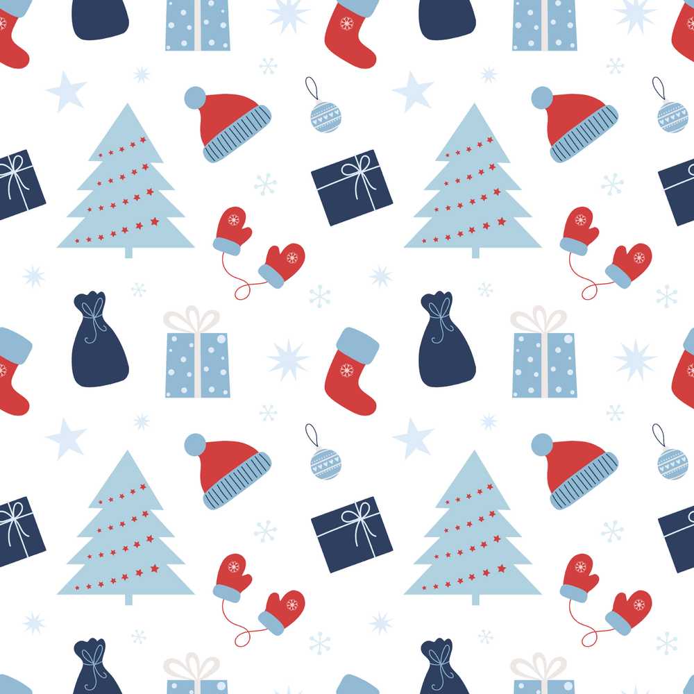 Christmas Gifts Stockings Mittens and Trees Seamless Festive Holiday Background